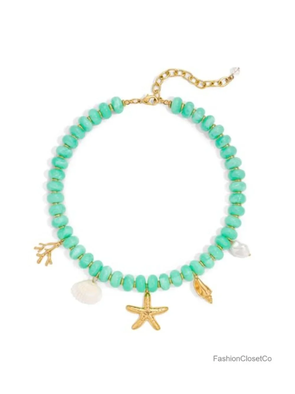 Resin Beaded Necklace with Starfish Seashell Charms, Adjustable Lobster Clasp,